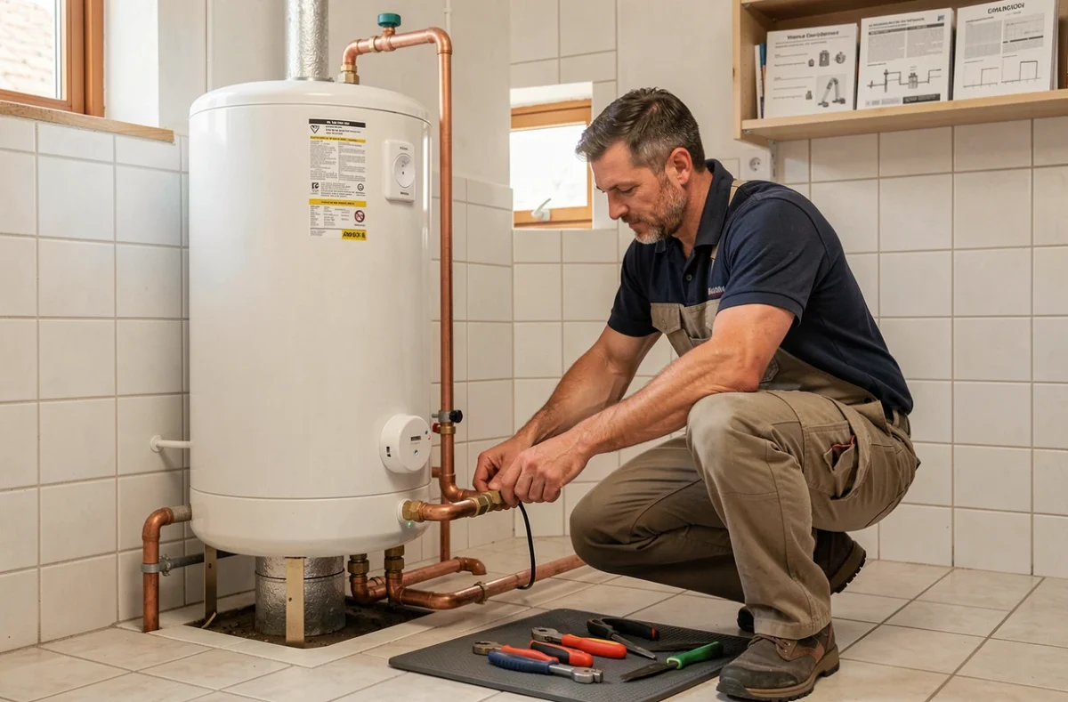 Technicien installant un chauffe-eau thermodynamique dans la buanderie d'un logement résidentiel