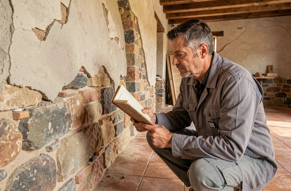 Expert en rénovation d'A2M Rénovation inspectant une maison de pierre traditionnelle en Provence