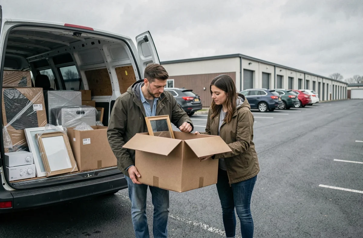 Couple examinant des articles d'un box de stockage acheté aux enchères dans le parking d'un entrepôt de self-stockage