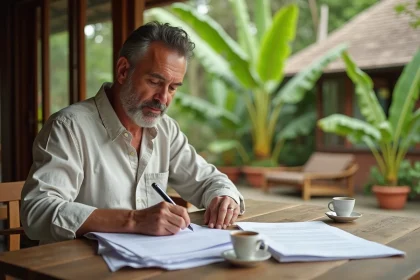 Acheteur étranger examinant un contrat immobilier dans une maison traditionnelle thaïlandaise en teck