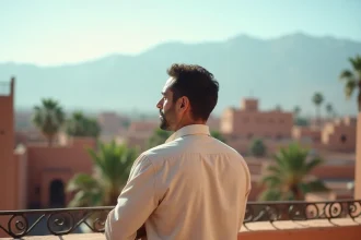 Homme marocain sur la terrasse d'un riad à Marrakech avec vue sur les toits de la médina et les montagnes de l'Atlas en arrière-plan