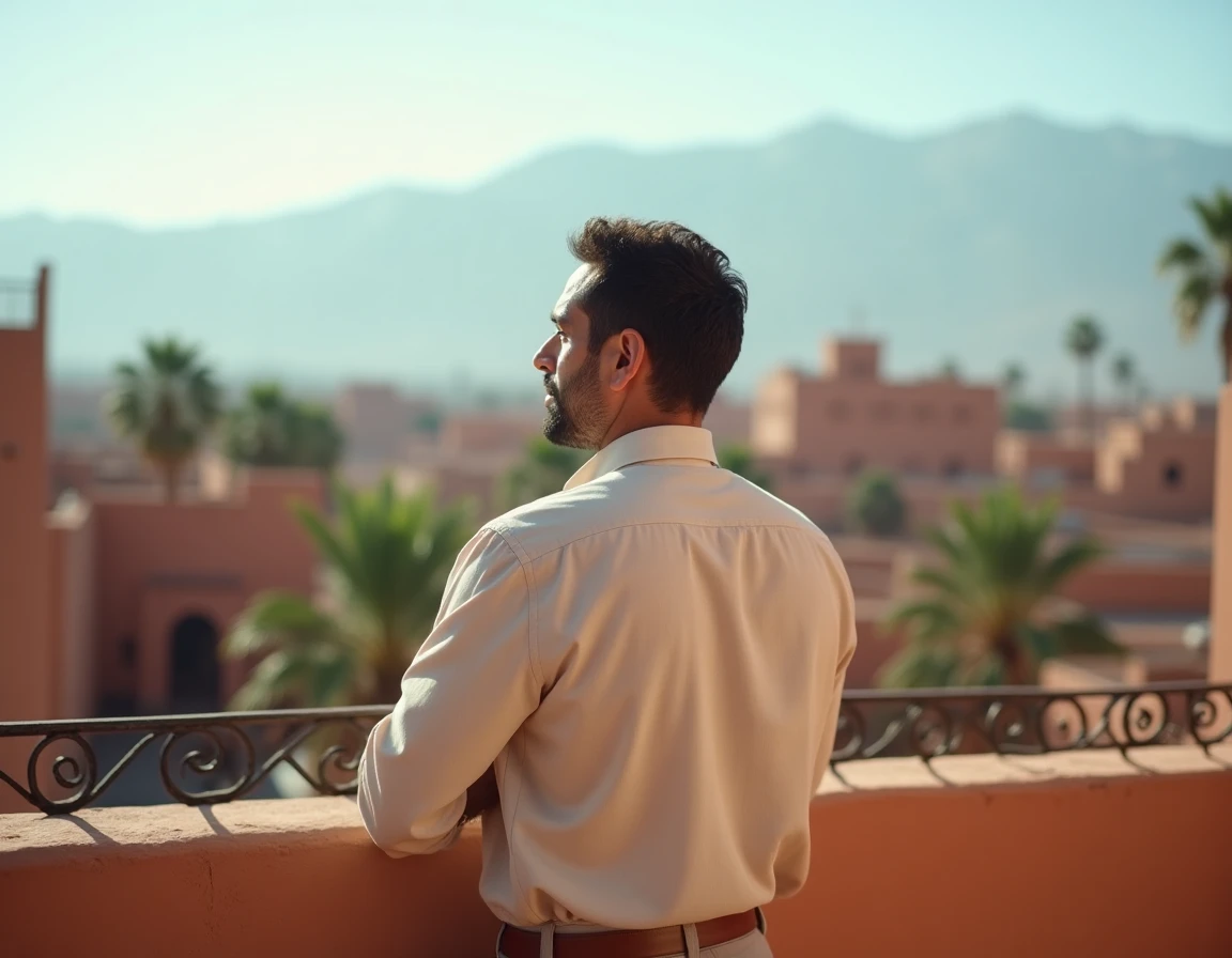 Homme marocain sur la terrasse d'un riad à Marrakech avec vue sur les toits de la médina et les montagnes de l'Atlas en arrière-plan