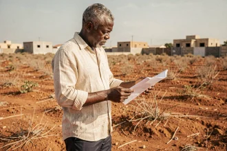 Homme sénégalais examinant des documents fonciers sur un terrain à vendre en périphérie de Dakar
