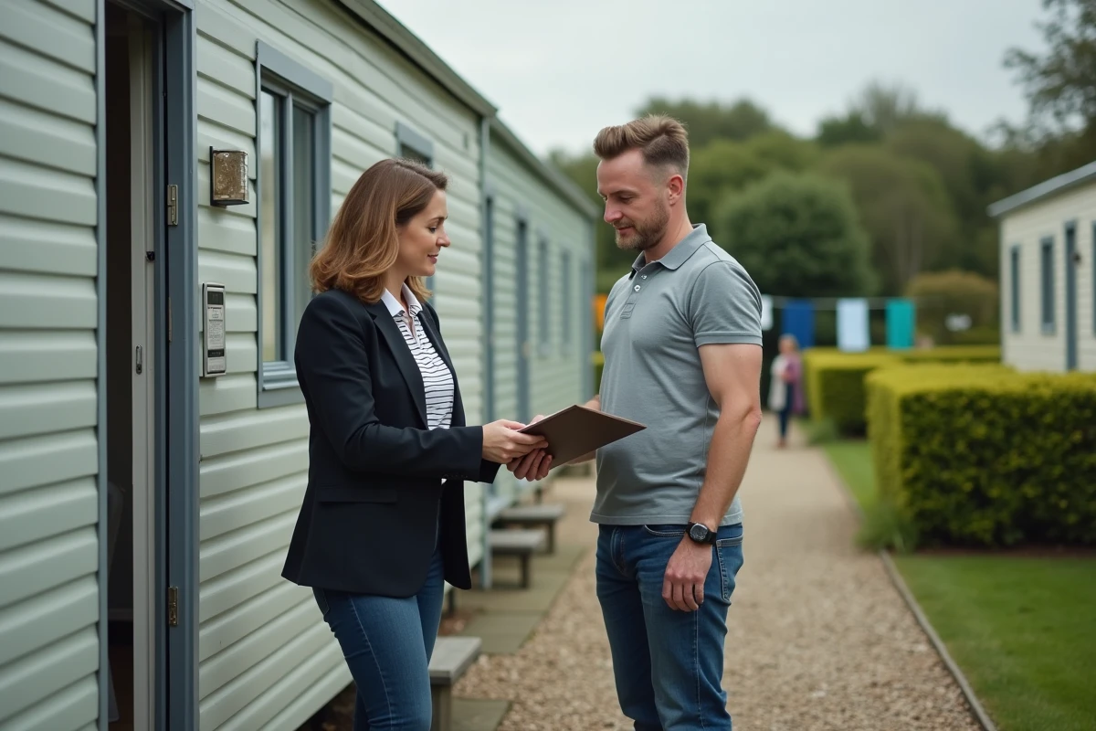 Agent immobilier remettant les documents administratifs d'un mobil-home occasion à un acheteur dans un camping