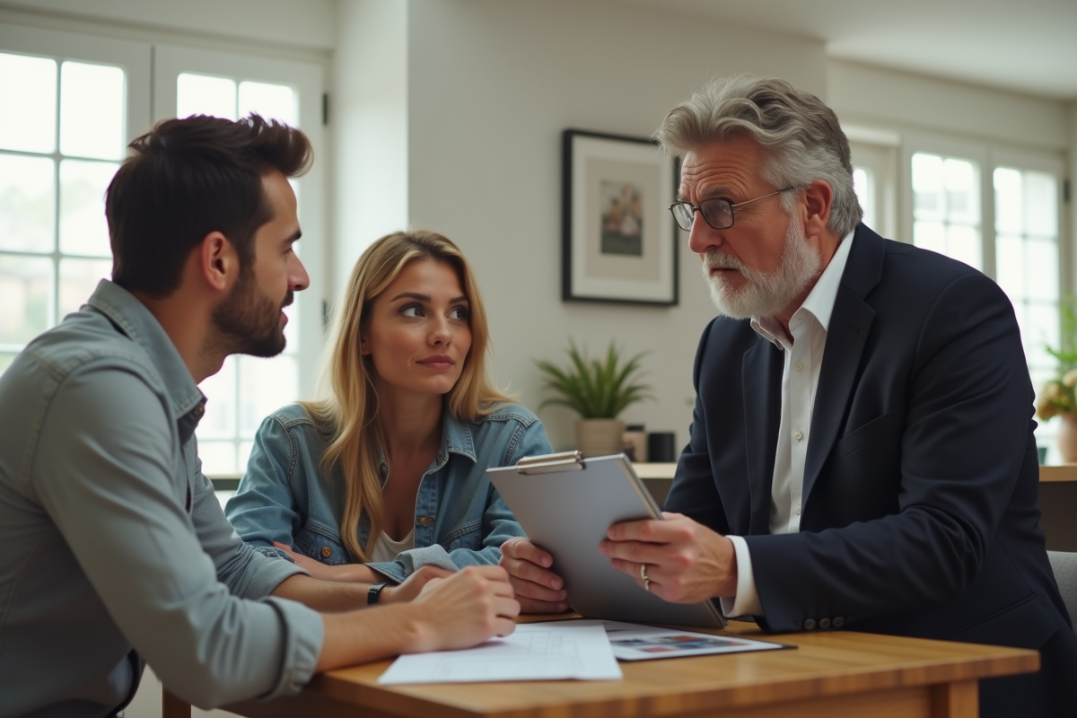 Agent immobilier en discussion avec un couple dans un salon lumineux