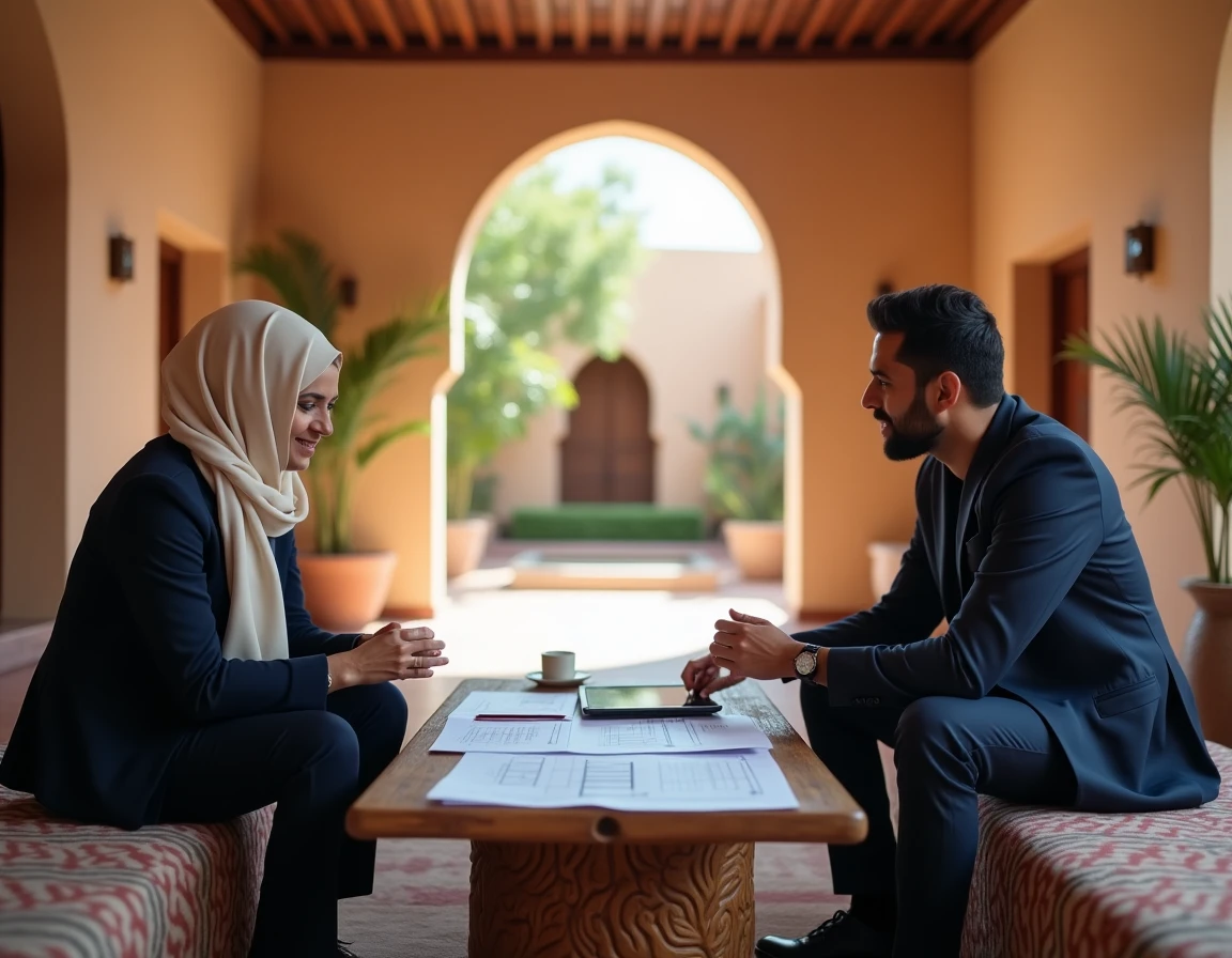 Agent immobilier présentant des documents d'achat de propriété à un couple dans une villa rénovée de Marrakech