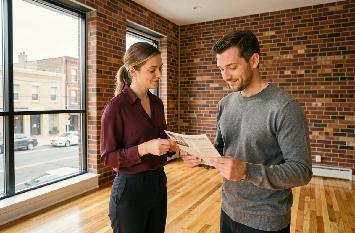 Agent immobilier présentant un appartement à un locataire potentiel avec transparence et professionnalisme