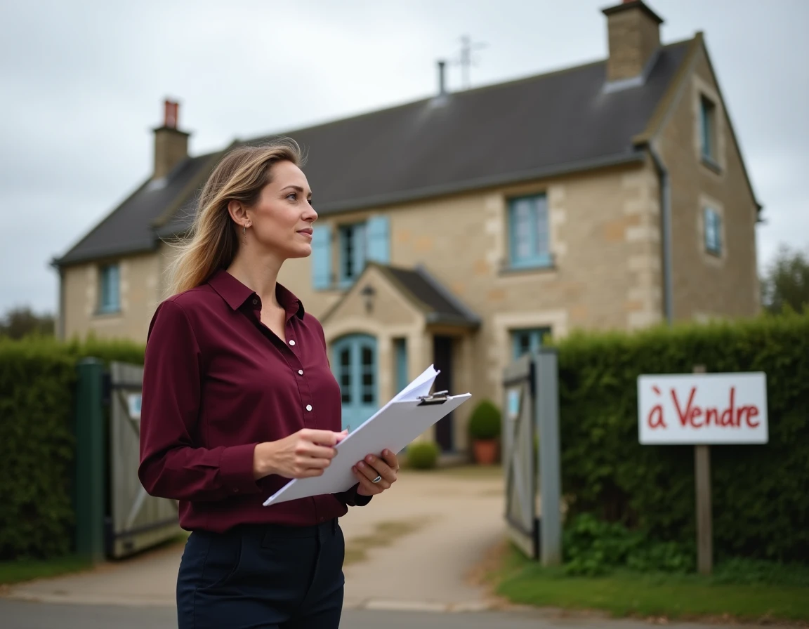 Agent immobilier devant une maison normande en pierre à vendre dans le Calvados suite à un divorce urgent