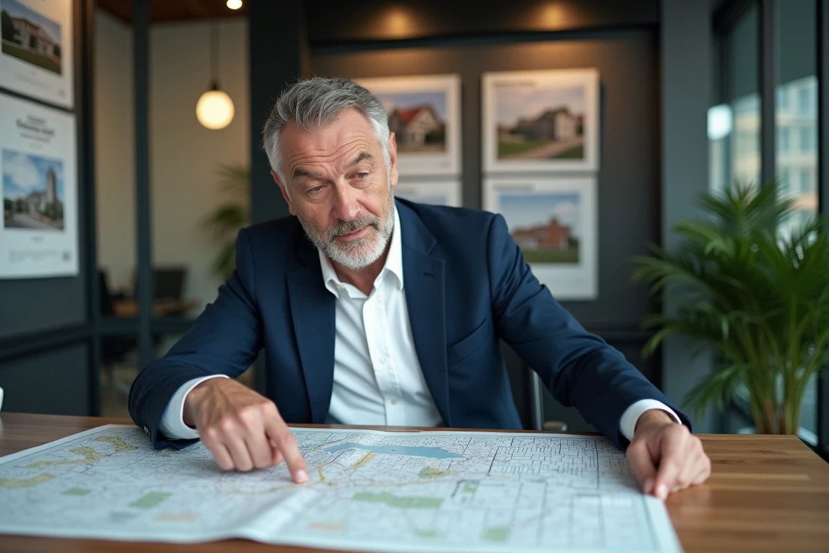 Agent immobilier analysant un plan cadastral dans une agence moderne pour évaluer le prix terrain au mètre carré