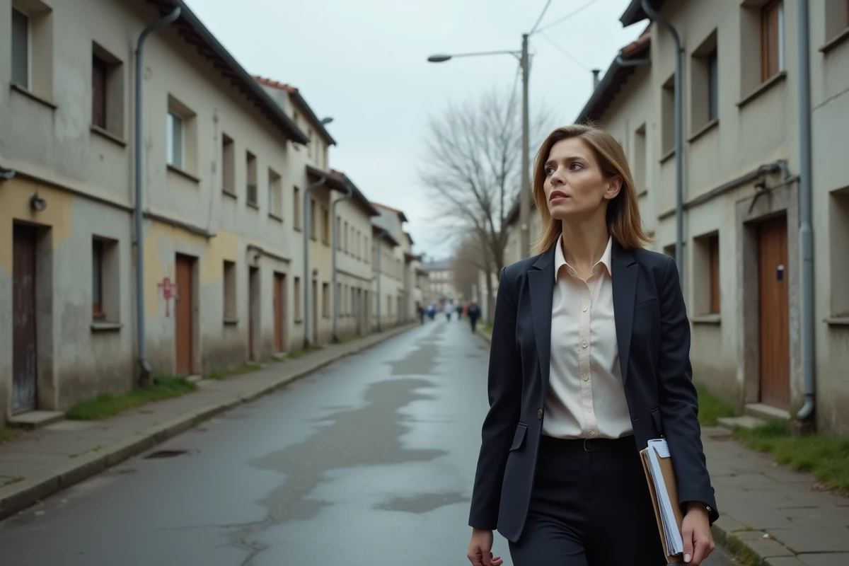Agent immobilier évaluant un quartier à risque à Montluçon lors d'une visite de prospection