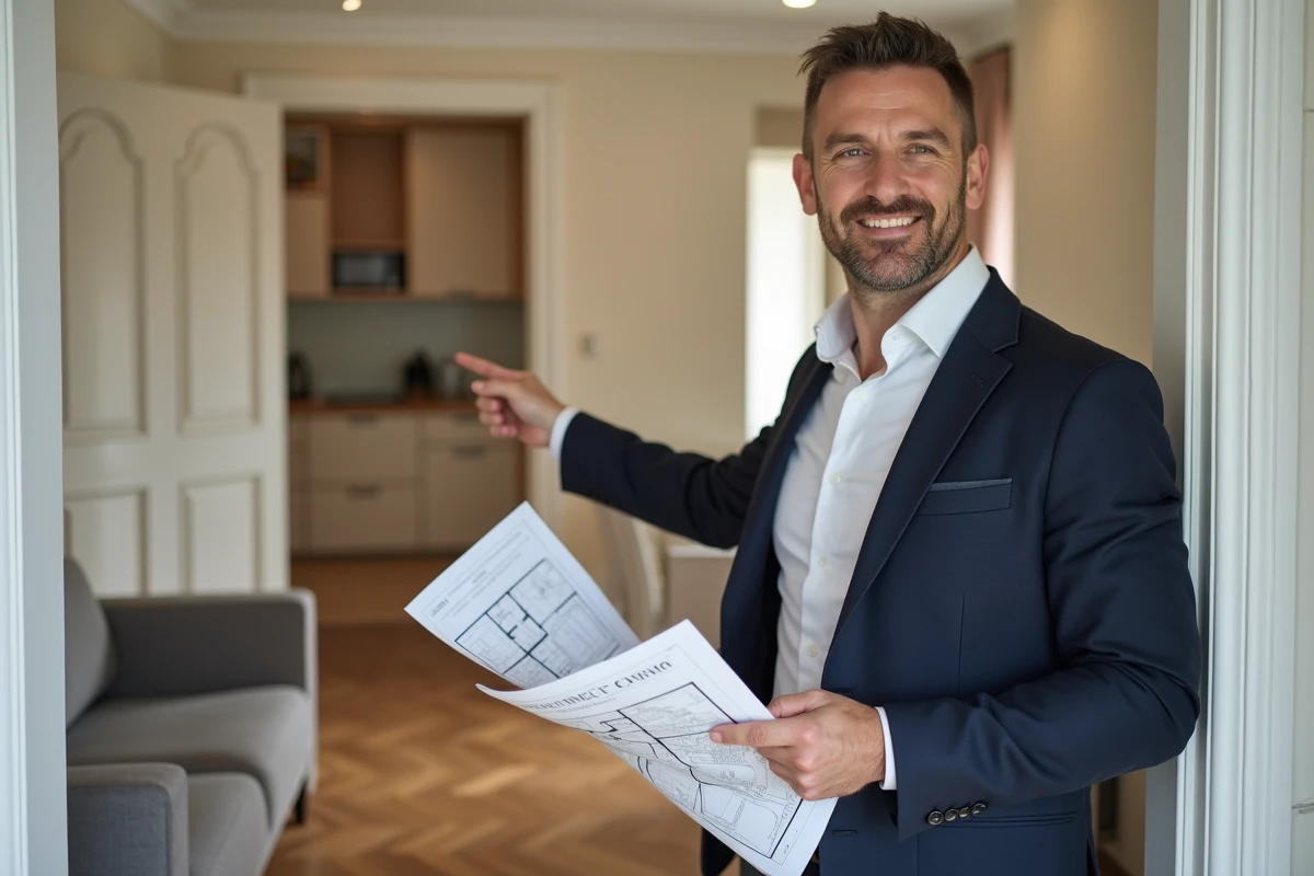 Agent immobilier présentant la configuration d'un appartement T1 bis avec alcôve de couchage