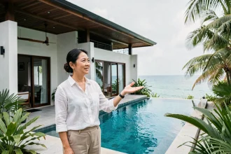 Agent immobilière thaïlandaise présentant une villa bord de mer à vendre en Thaïlande avec piscine à débordement et vue sur la mer