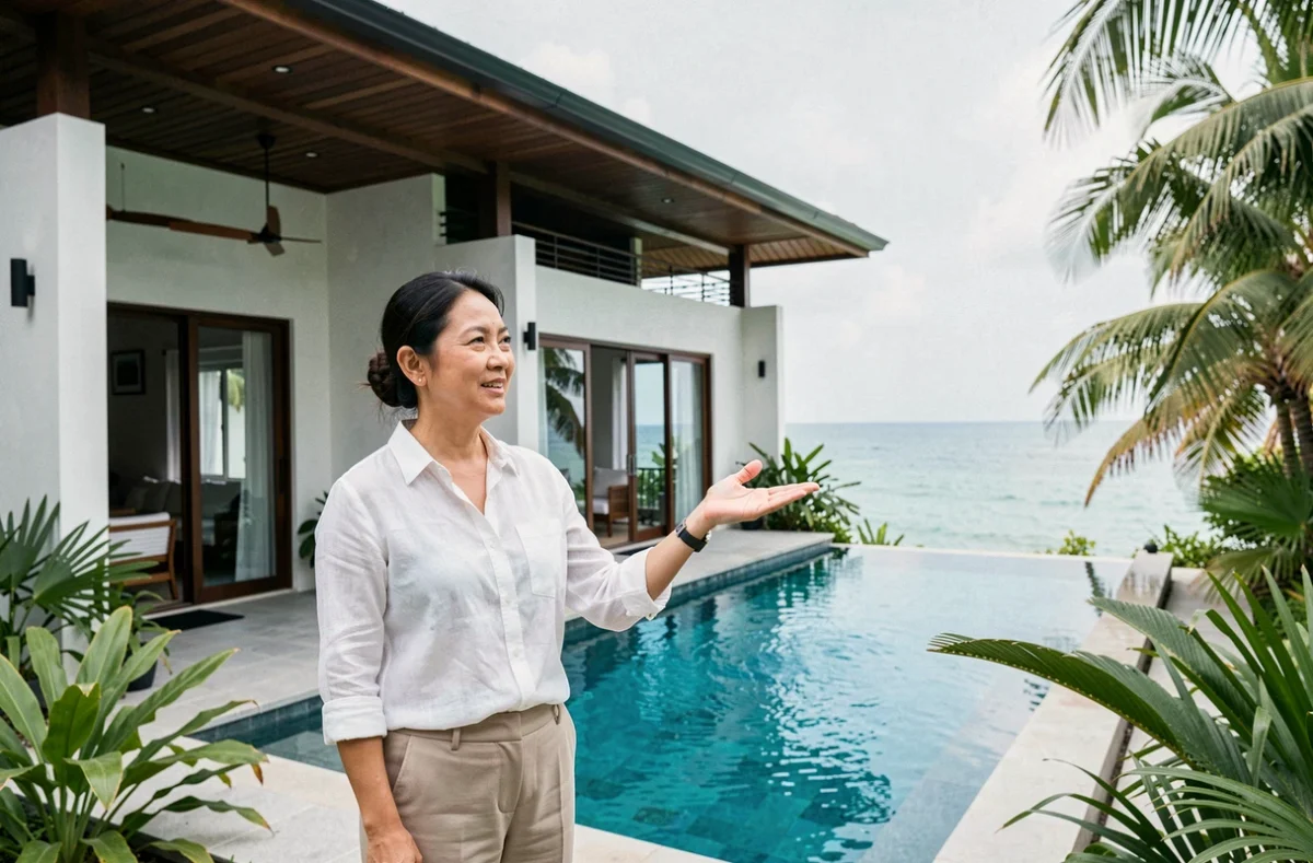 Agent immobilière thaïlandaise présentant une villa bord de mer à vendre en Thaïlande avec piscine à débordement et vue sur la mer