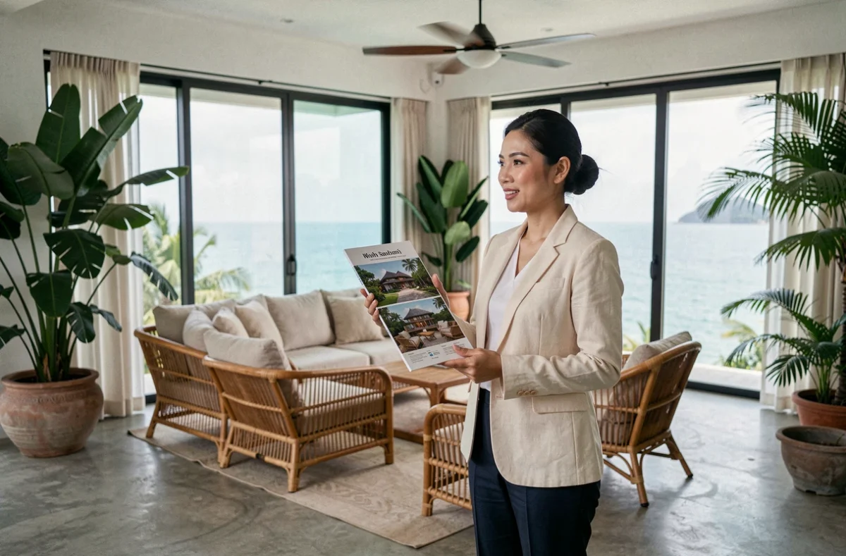 Agent immobilier présentant une villa à vendre à Koh Samui pour investissement locatif saisonnier en 2026