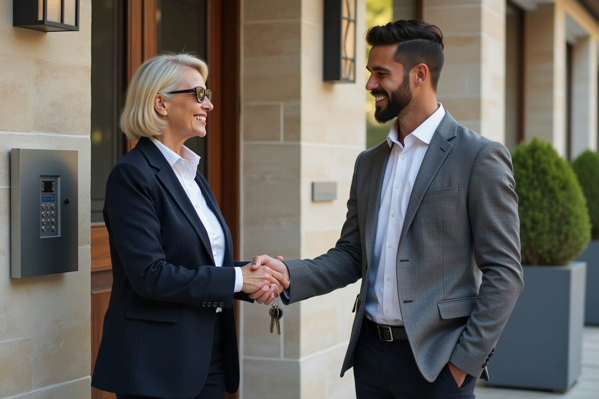 Agent immobilier remettant des clés à un jeune homme