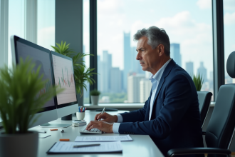Analyste financier en costume dans un bureau moderne