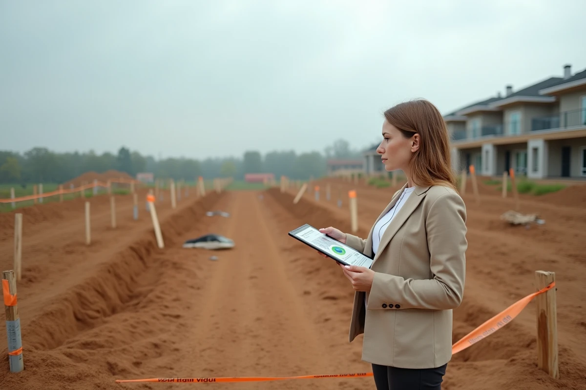 Femme analyste immobilière sur un terrain vide en zone périurbaine consultant des données de prix au mètre carré sur tablette