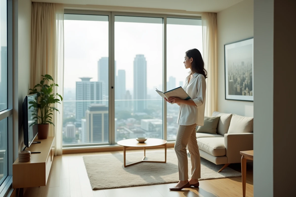 Femme investisseuse dans un appartement de condominium moderne avec vue panoramique sur Bangkok