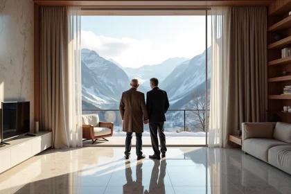 Couple examinant un appartement de luxe en Andorre avec vue panoramique sur les Pyrénées enneigées