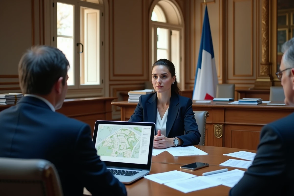 Architecte négociant un projet OAP avec des élus municipaux en salle de réunion de mairie