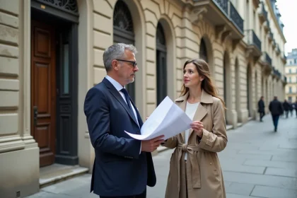 Architecte discutant devant un immeuble haussmannien