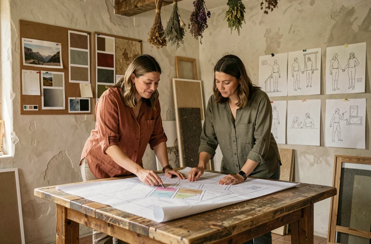 Les architectrices d'Architectrices collaborant sur des plans dans leur studio créatif en Provence