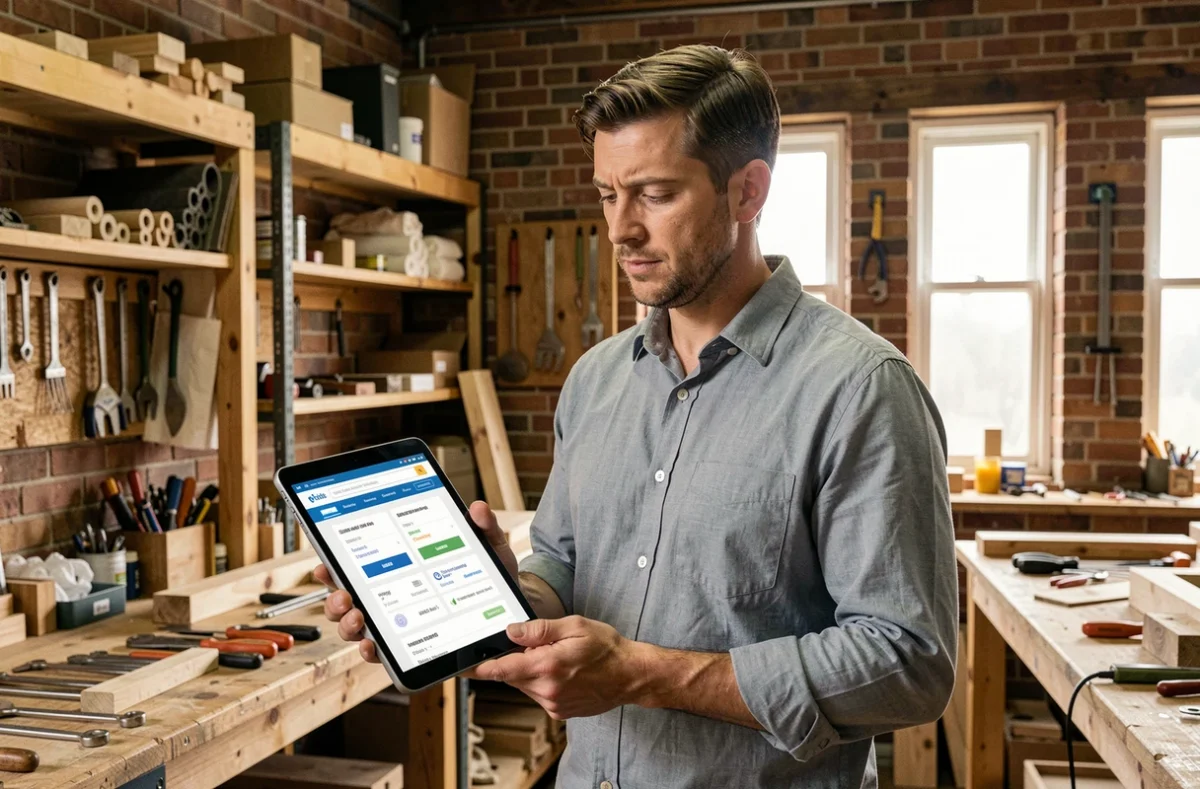 Artisan propriétaire de PME consultant une comparaison d'assurances professionnelles sur tablette dans son atelier