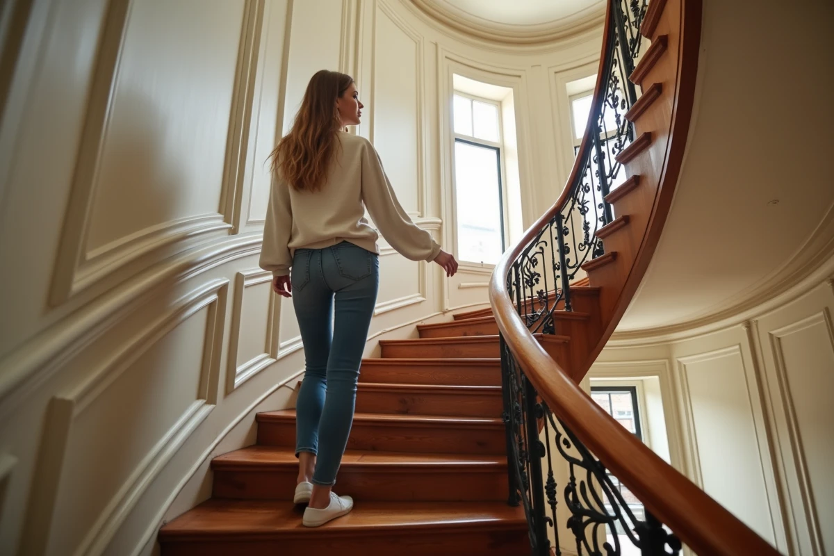 Jeune femme montant un escalier intérieur haussmannien