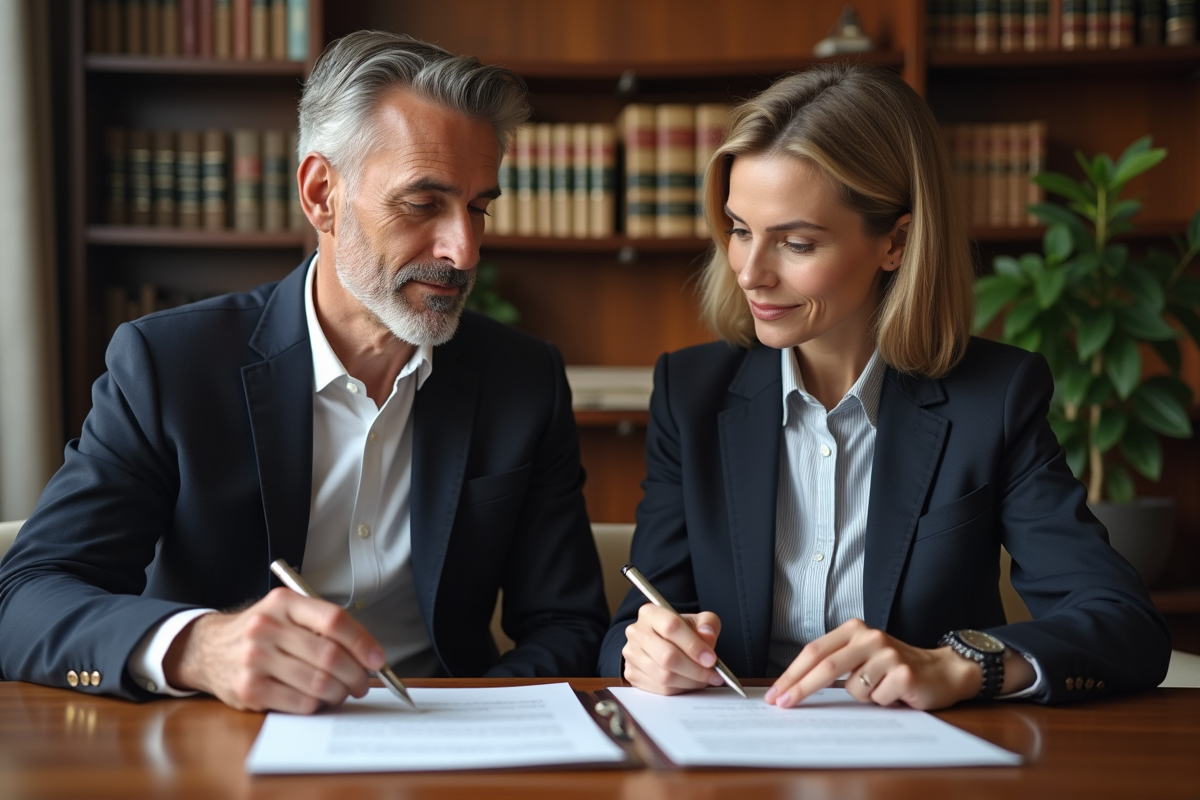 Avocats examinant un contrat immobilier dans un bureau