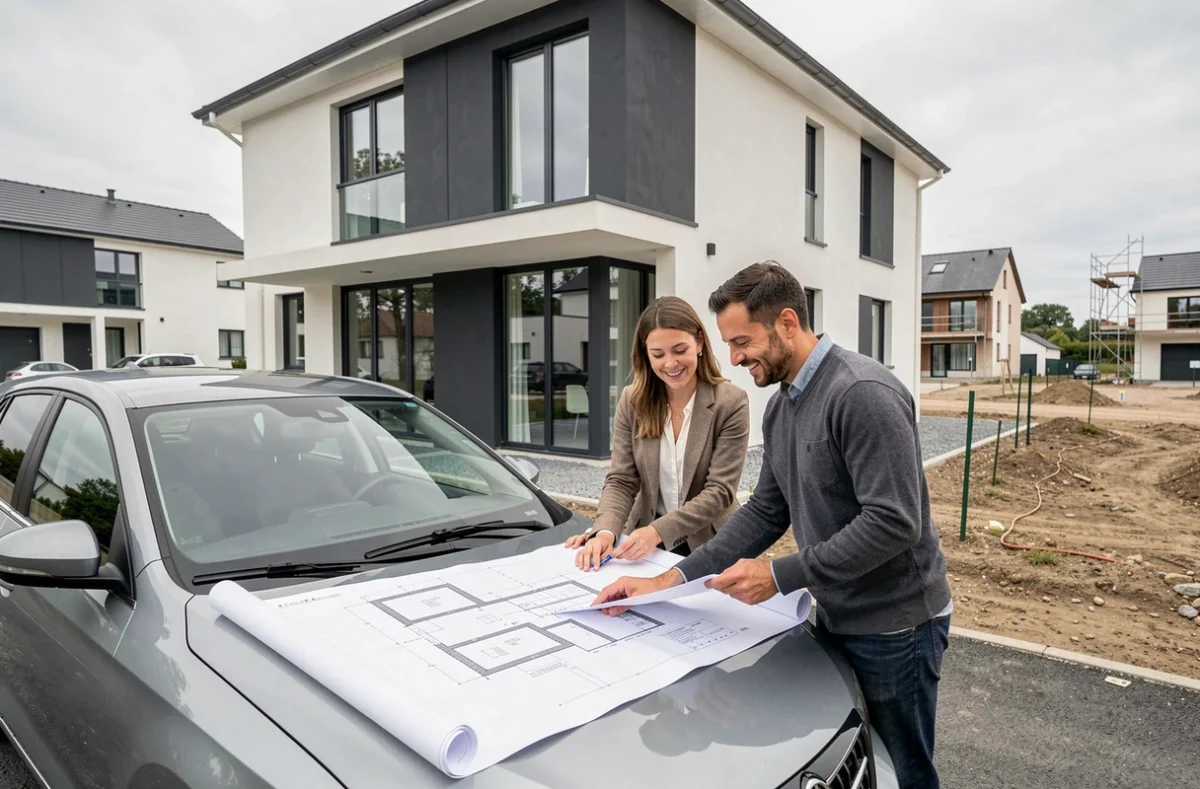 Couple consultant des plans devant une maison moderne construite par Babeau-Seguin en Côte-d'Or