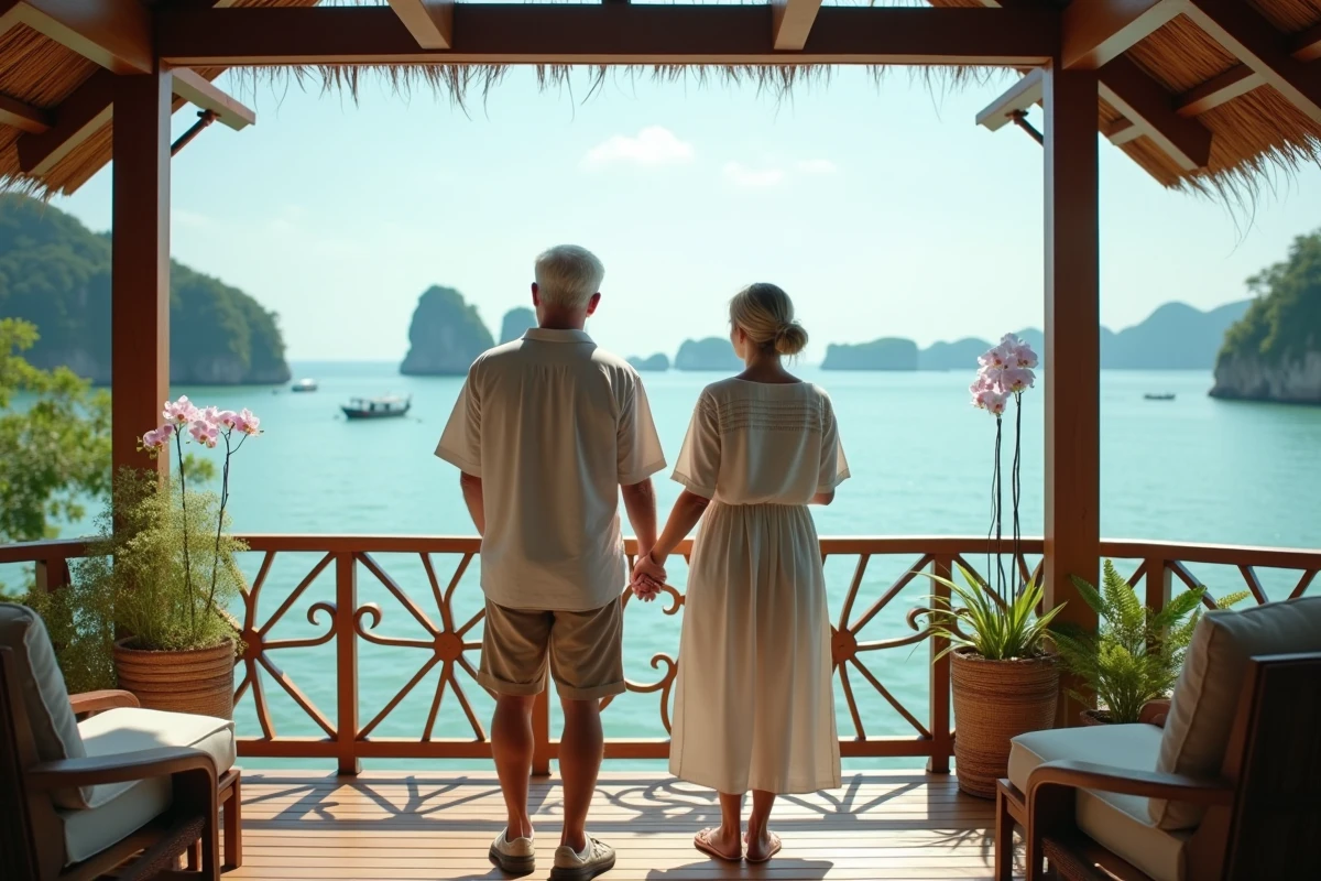 Couple expatrié sur la terrasse d'un bungalow en bord de mer à vendre en Thaïlande