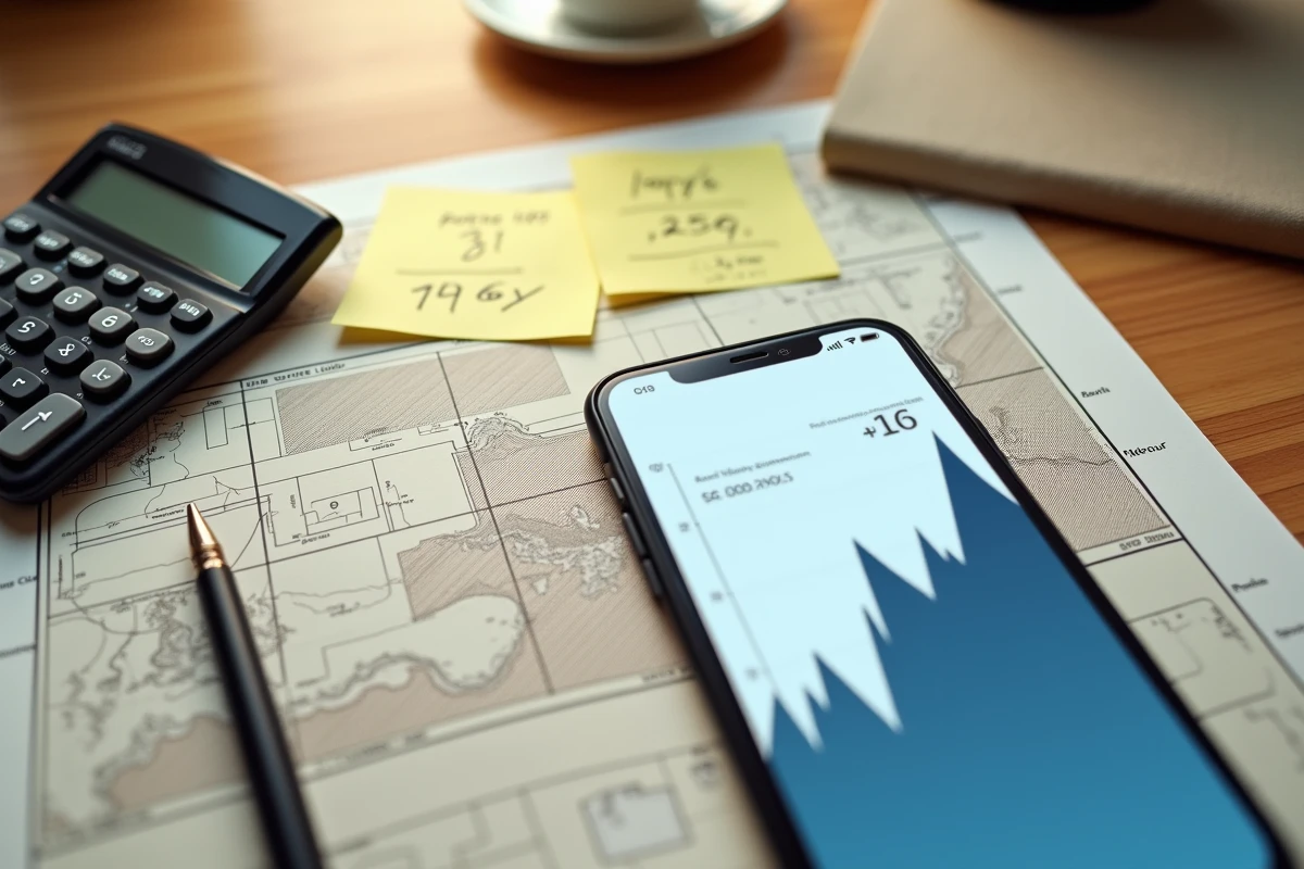 Vue aérienne d'un bureau avec carte topographique, calculatrice et application immobilière montrant une hausse du prix terrain au mètre carré