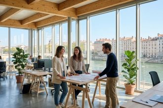 Bureau moderne en open space à Lyon avec vue sur la Presqu'île, professionnels travaillant autour d'un bureau debout dans un espace contemporain