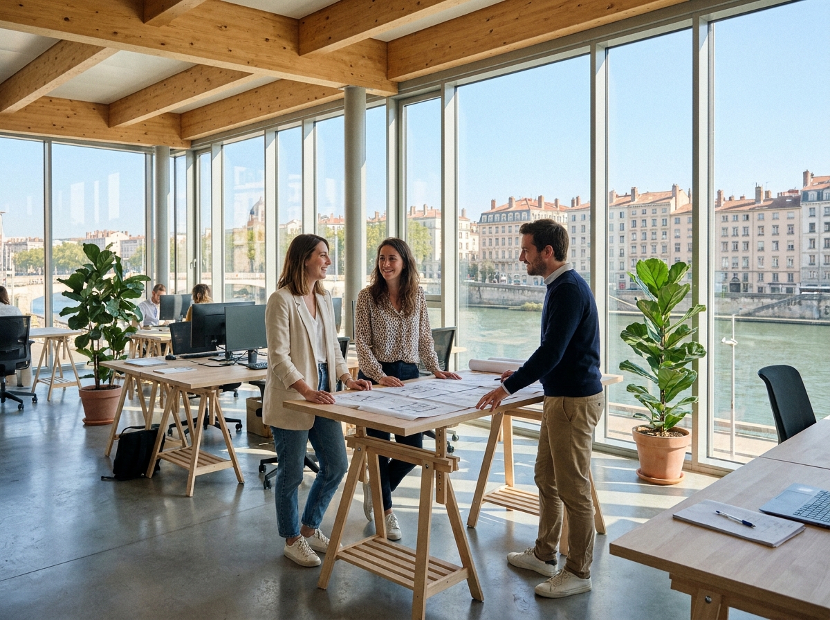 Bureau moderne en open space à Lyon avec vue sur la Presqu'île, professionnels travaillant autour d'un bureau debout dans un espace contemporain