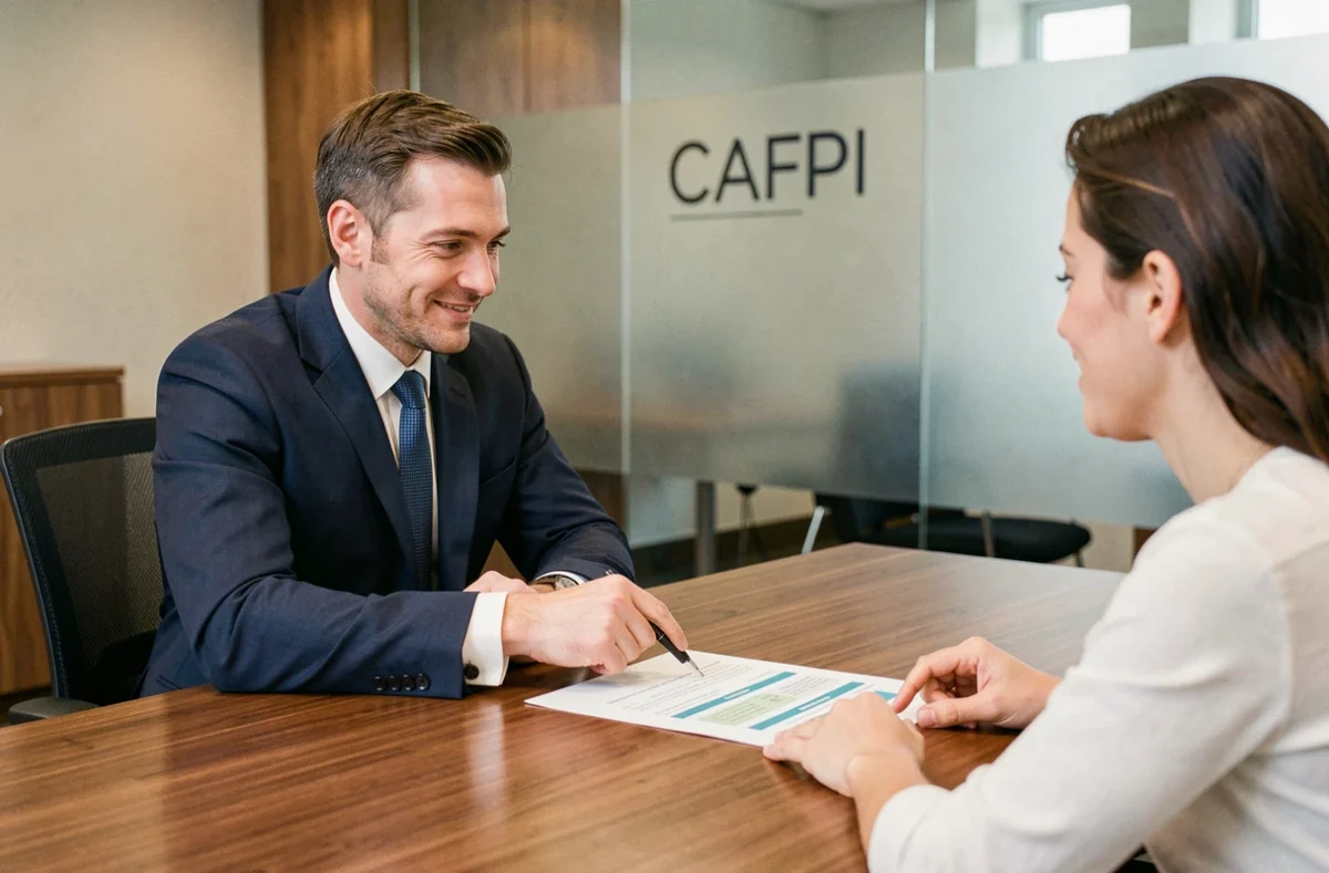 Conseiller CAFPI Nancy présentant une simulation de prêt immobilier à un couple dans une agence moderne