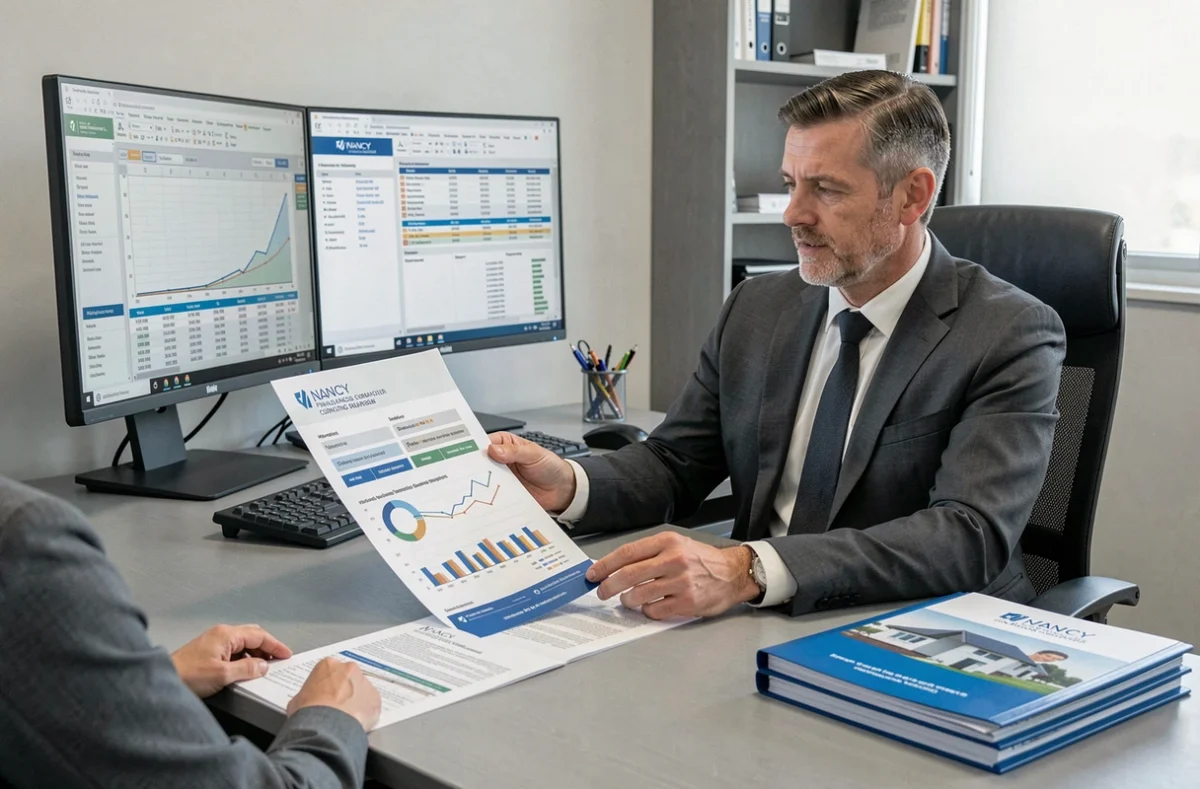 Conseiller financier Caomptaexpert Nancy présentant un bilan de conseil financier et de courtage en prêt immobilier à un client