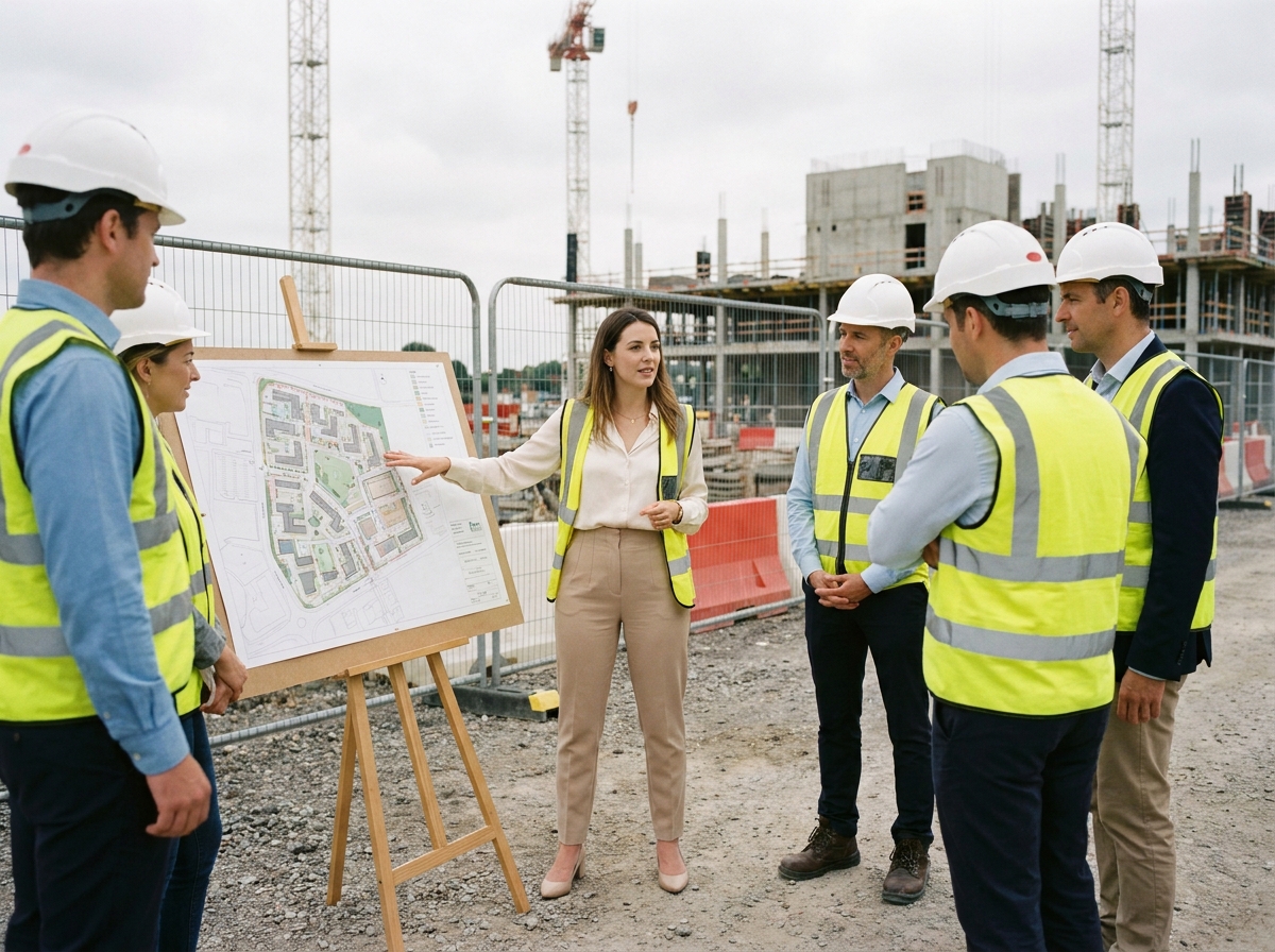 Équipe de chantier avec plan et grue sur site de construction