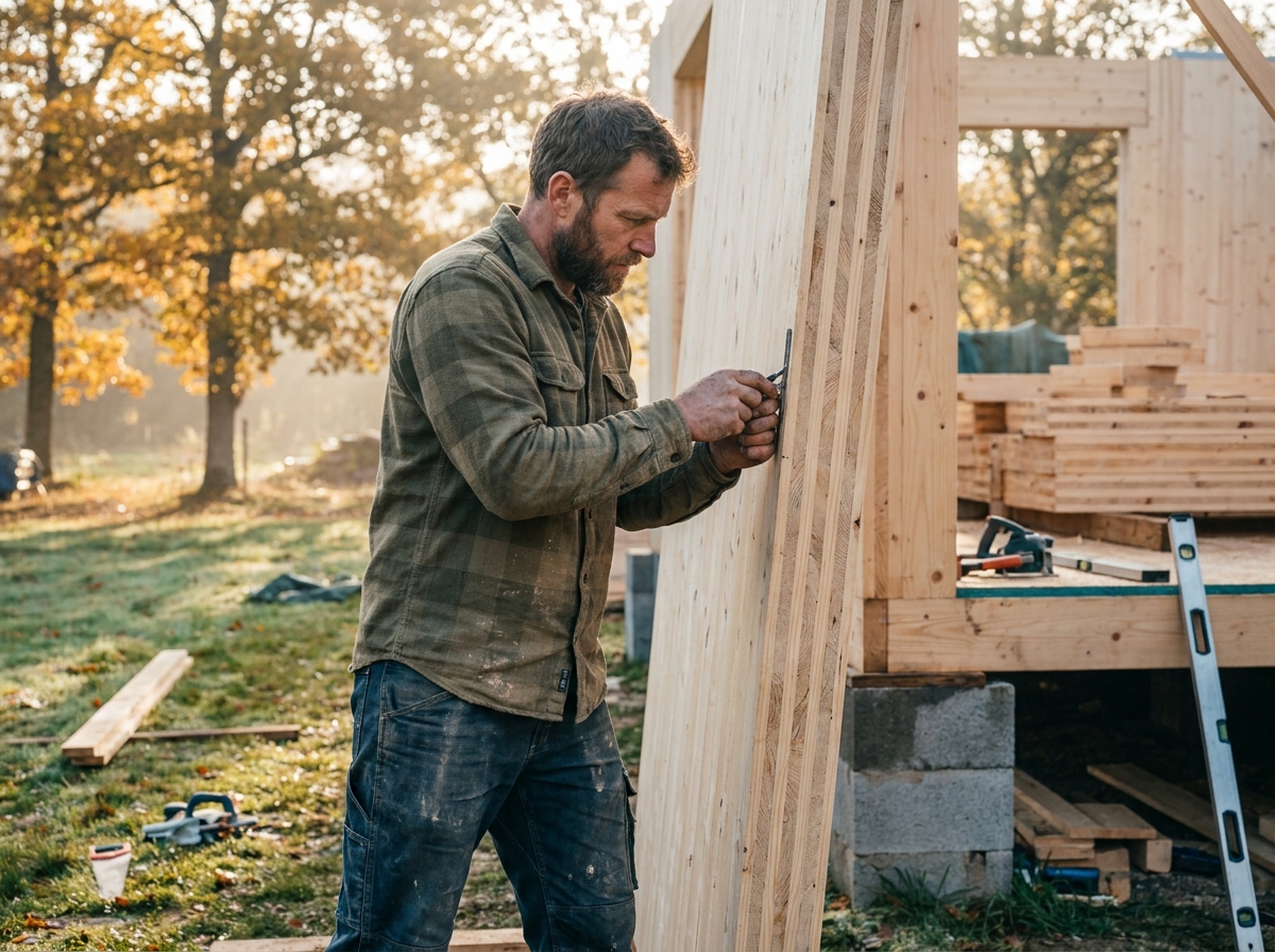 Charpentier assemblant une structure ossature bois sur un chantier en Loire-Atlantique