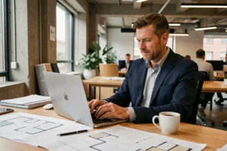 Chasseur immobilier professionnel analysant des annonces de location d'appartements sur un ordinateur portable dans un espace de coworking moderne