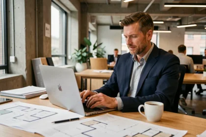 Chasseur immobilier professionnel analysant des annonces de location d'appartements sur un ordinateur portable dans un espace de coworking moderne
