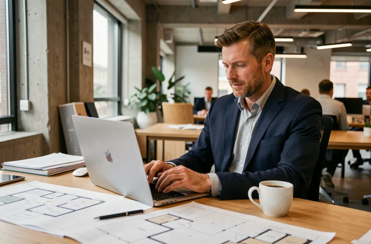 Chasseur immobilier professionnel analysant des annonces de location d'appartements sur un ordinateur portable dans un espace de coworking moderne