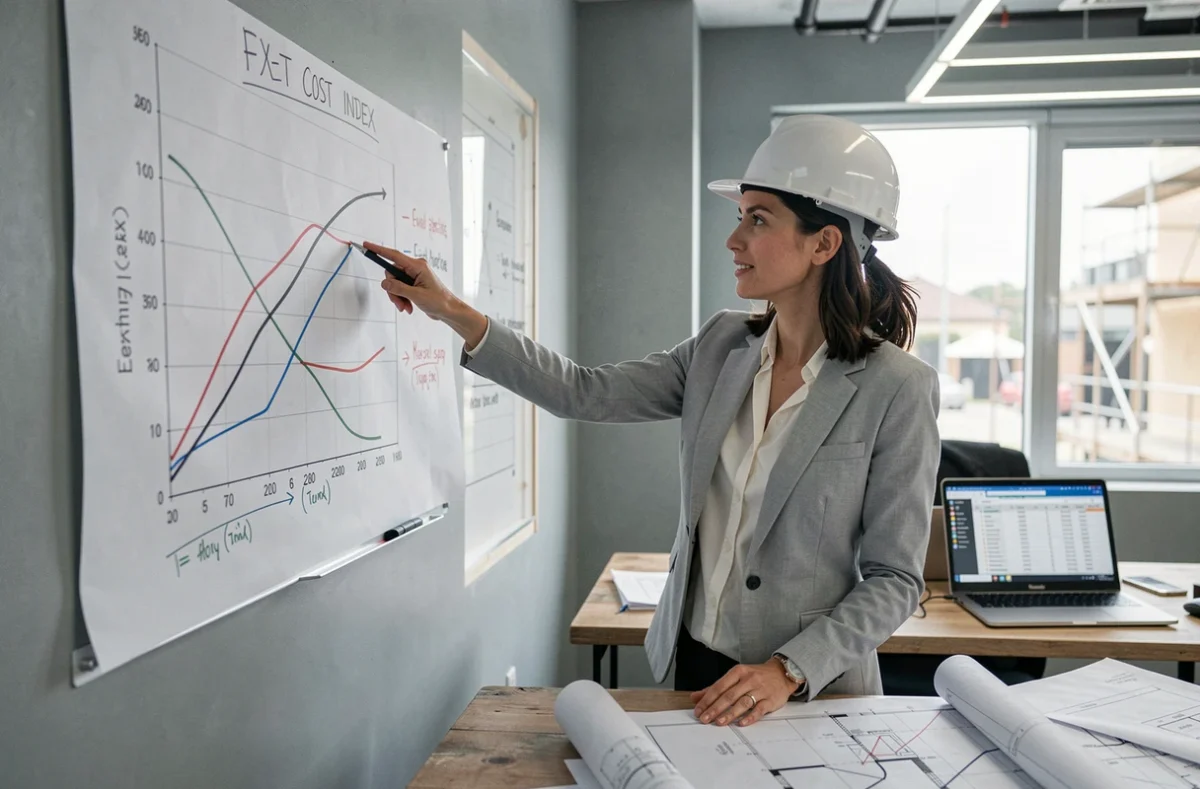 Chef de projet analysant les courbes d'indices de coûts électriques BT47 dans un bureau de chantier