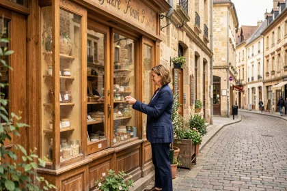 Commerçante arrangeant sa vitrine dans une boutique du centre-ville de Dijon avec les façades en pierre bourguignonne en arrière-plan