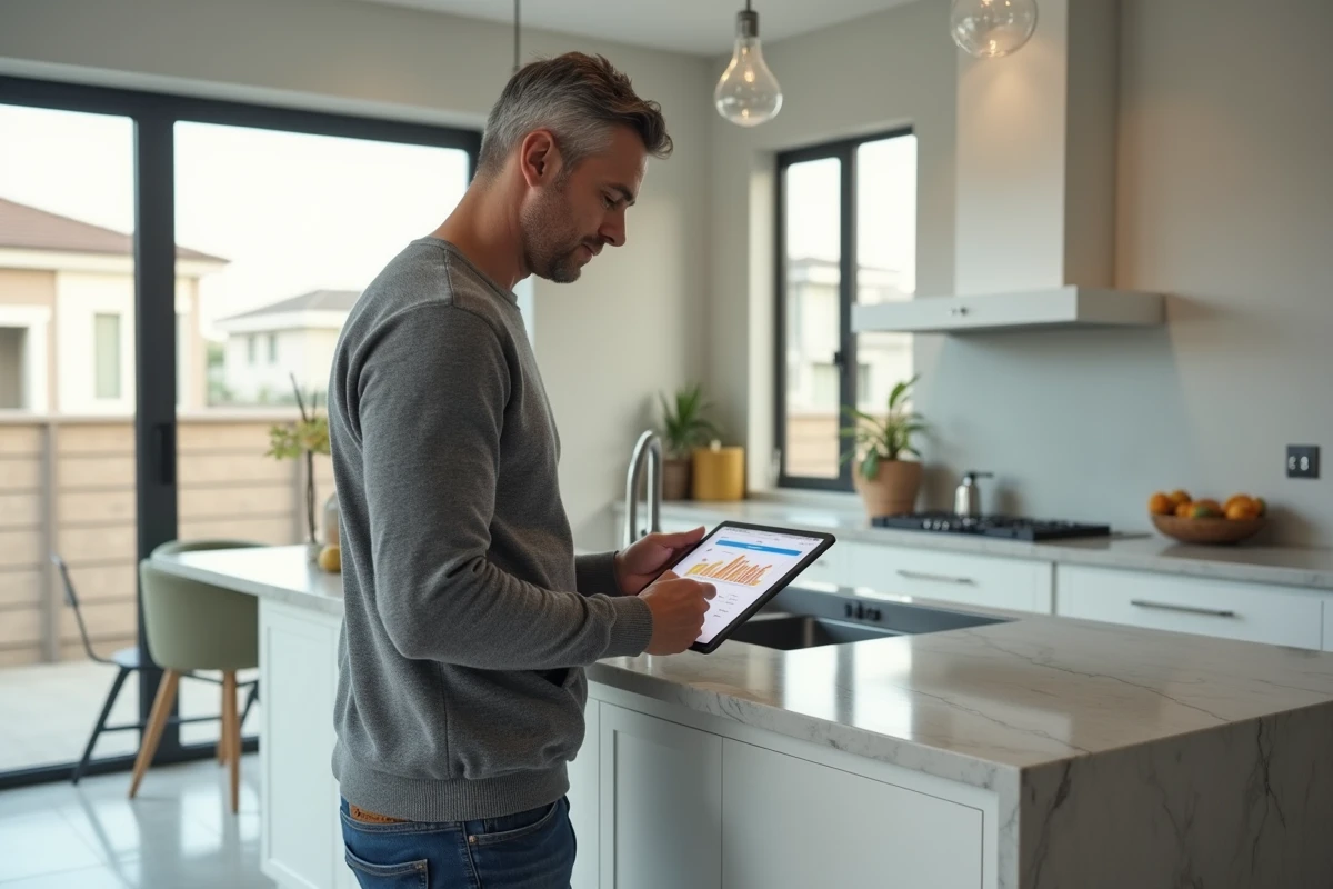 Homme consultant un outil de comparaison de prix immobiliers sur une tablette dans une cuisine moderne