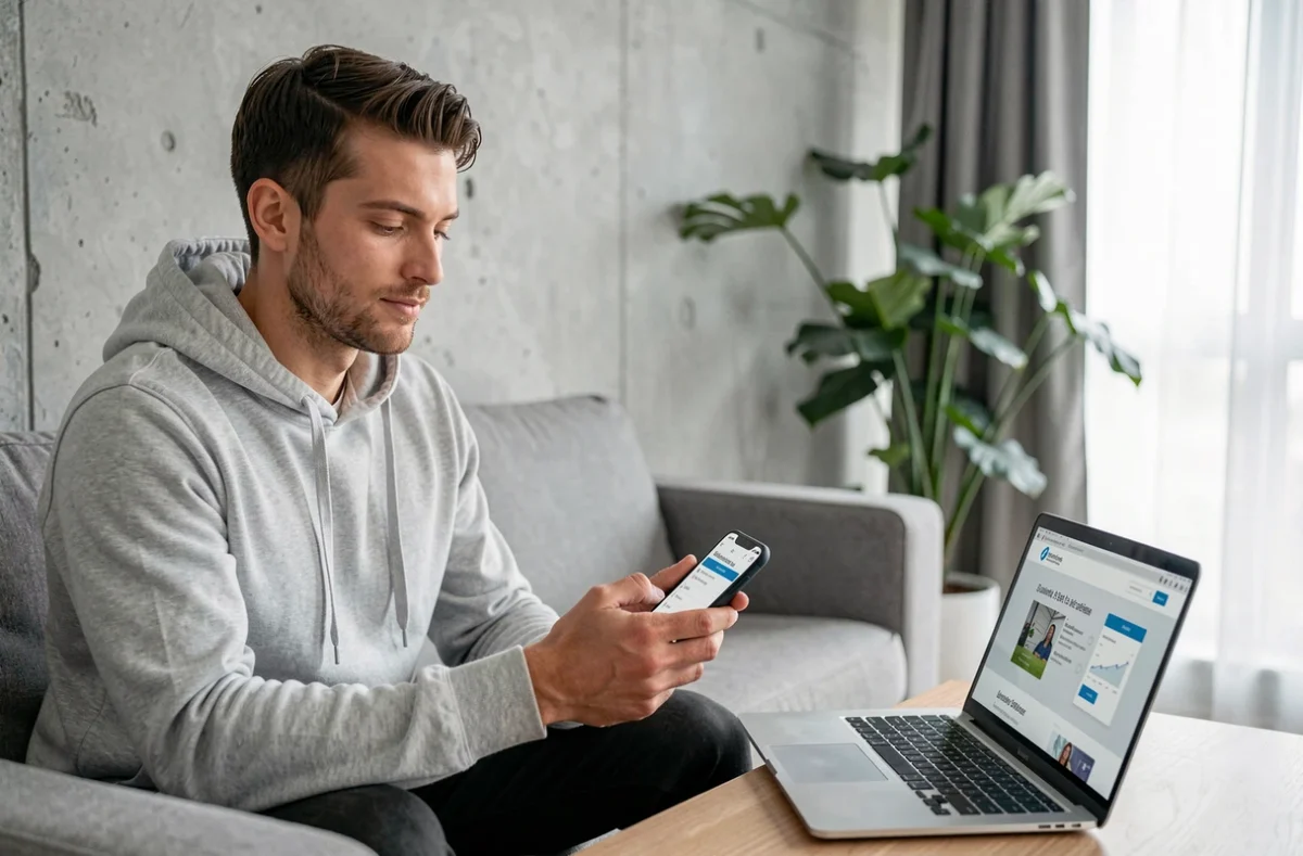 Homme comparant deux assurances habitation sur smartphone et ordinateur portable dans un salon contemporain