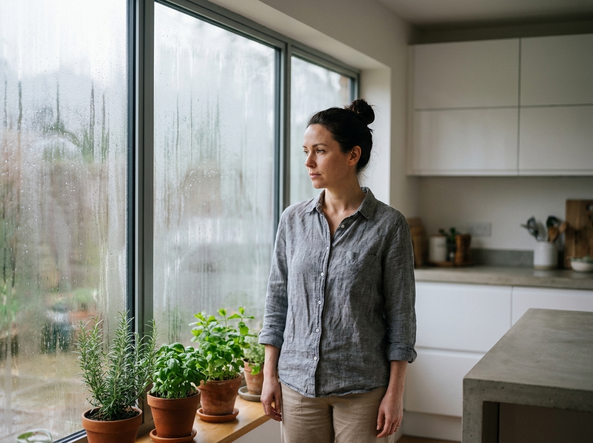 Femme constatant un double vitrage défectueux avec condensation entre les vitres d'une fenêtre rénovée
