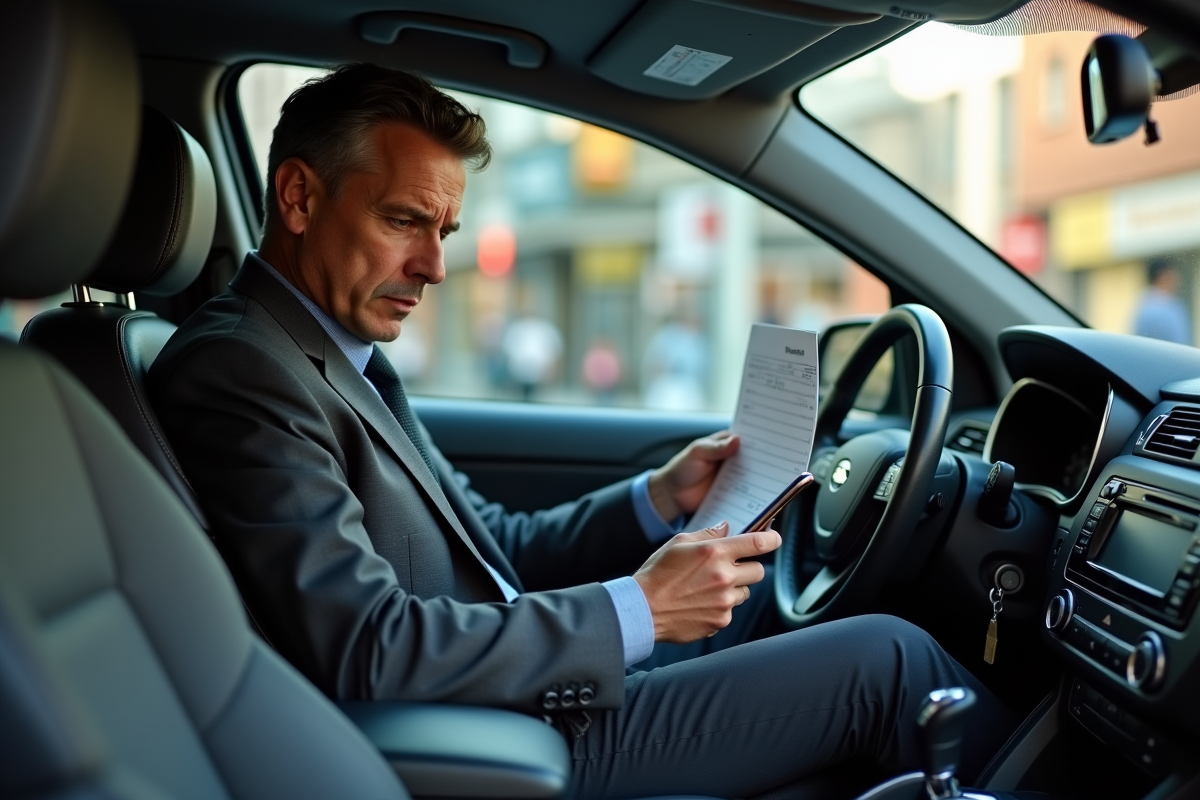 Homme d'affaires anxieux dans sa voiture avec document assurance