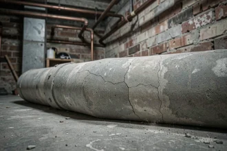 Section de conduite en fibrociment dégradée dans un sous-sol résidentiel montrant des fissures et une surface usée associée au risque amiante