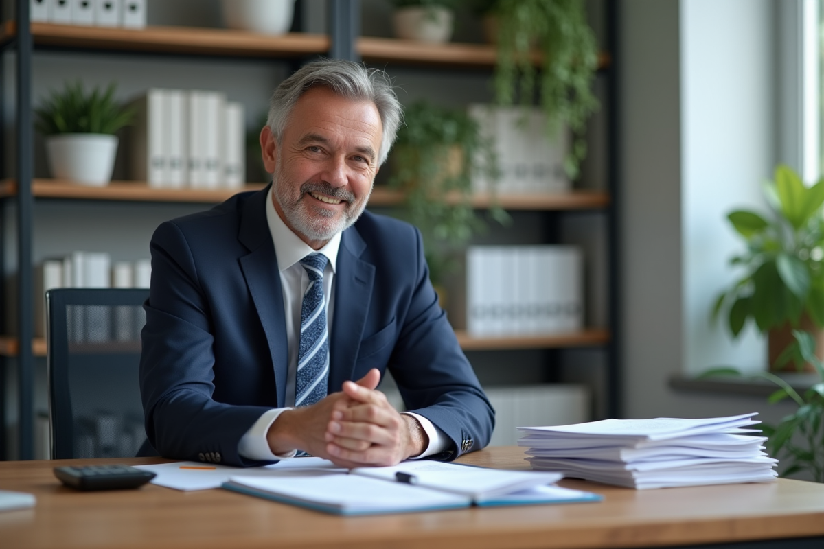 Conseiller financier en costume navy dans un bureau moderne