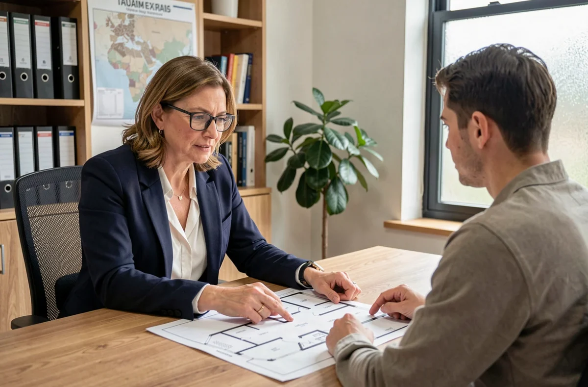 Conseillère immobilière IMMO PROXIMA présentant un plan de bien à un acheteur dans une agence à Colmar